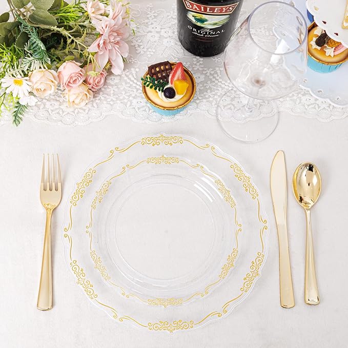 U-QE 100PCS Clear Gold Plastic Plates - Image 8