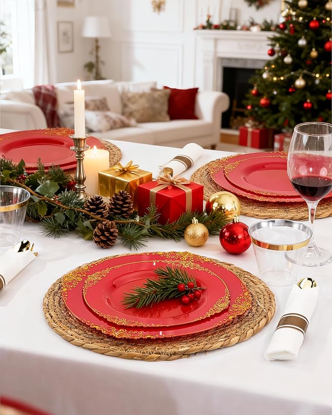 Nervure 100Pcs 10.25'' Red Plastic Plates, Heavy Duty Disposable Plates - Image 9