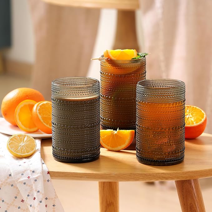 Moretoes 12 Oz Gray Hobnail Drinking Glasses Set of 6 Water Glass Cups | - Image 7