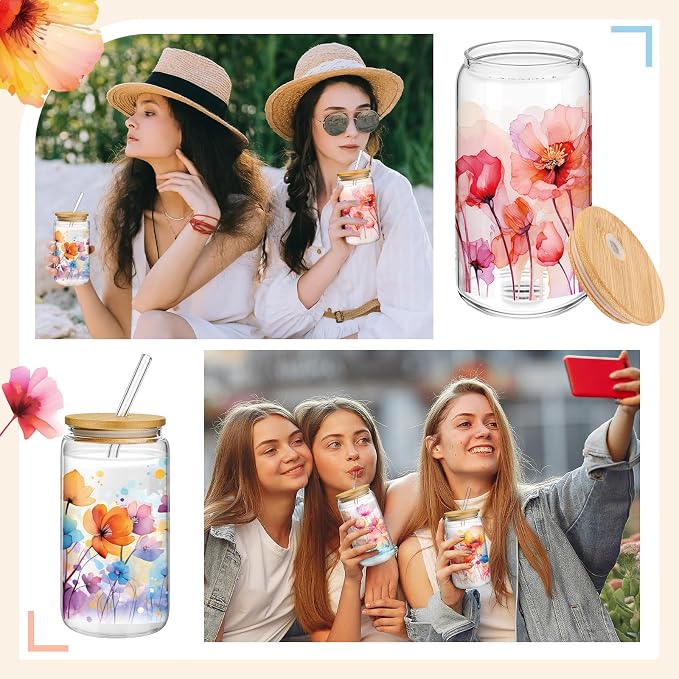 Mumufy 4 Pack Wildflower Glass Cups Gift Aesthetic Cute Glass Cup Tumbler - Image 7