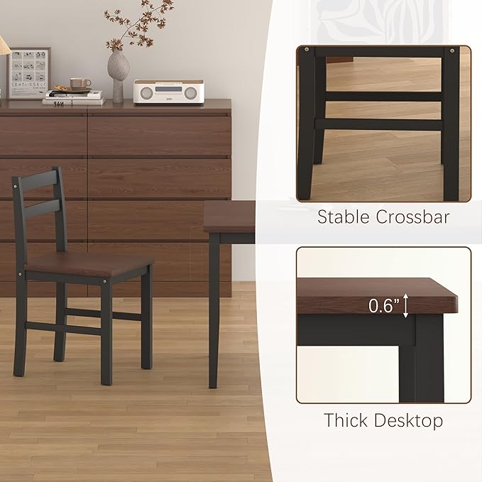 5 Piece Dining Table Set, Solid Wood Dining Table Set for 4, Farmhouse Table and 4 Chairs Set, 43.3'' Rectangular Kitchen Table Set for 4, Brown & Black