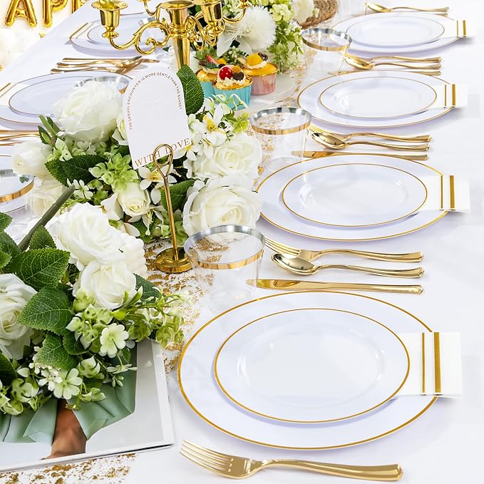 SUT 350 PCS Elegant White and Gold Disposable Dinnerware Set - Image 7
