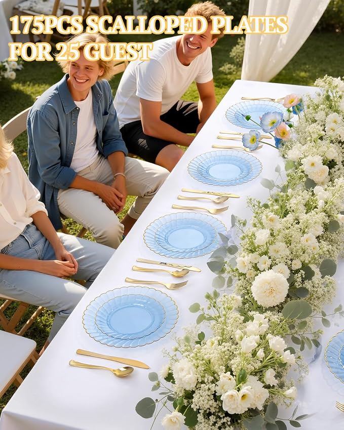 YOUBET 175PCS Clear Blue Scalloped Plastic Plates - Image 9
