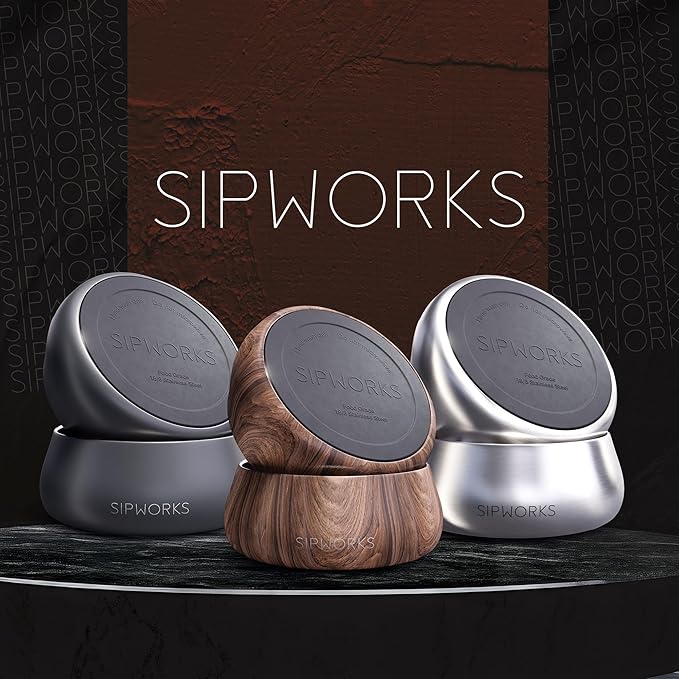 Sipworks Stainless Steel Dog Bowl β 32oz Weighted Metal Food and Water Bowls for Dogs and Cats with Non-Slip Base - Pet Bowls for All Breeds Sizes for Travel & Outdoor Play - Steel