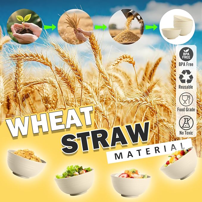 Wheat Straw Bowls Set of 6, 26 OZ Unbreakable Cereal Bowls, Reusable Plastic - Image 8
