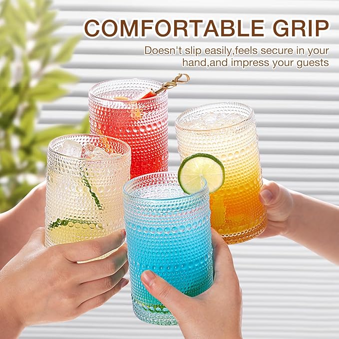 Hobnail Drinking Glass Set of 8, 4 Highball Glasses 15oz, 4 Rocks Glass 12oz | - Image 7