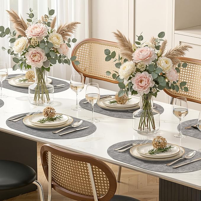 Placemats Set of 6, 11.8 x 17 Inch, Light Grey | Heat Resistant Oval Faux - Image 9