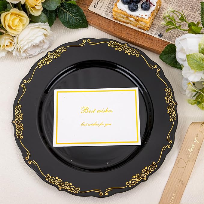 DaYammi 60PCS Black and Gold Plastic Plates, Heavy Duty Black and Gold - Image 9
