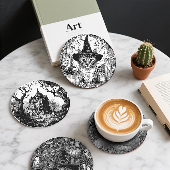 Halloween Cat Coasters Leather Round Drink Coasters 6 Pcs Set - Image 6