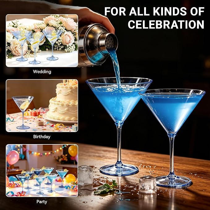 Plastic Martini Glasses Set of 12, 9 oz Blue Cocktail Cups | Unbreakable - Image 7