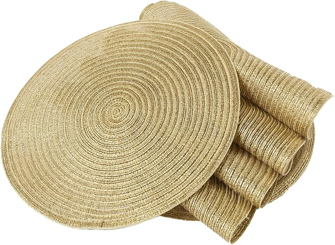 SHACOS Glitter Gold Round Braided Placemats Set of 8 Sparkle Washable 15 inch - Image 7