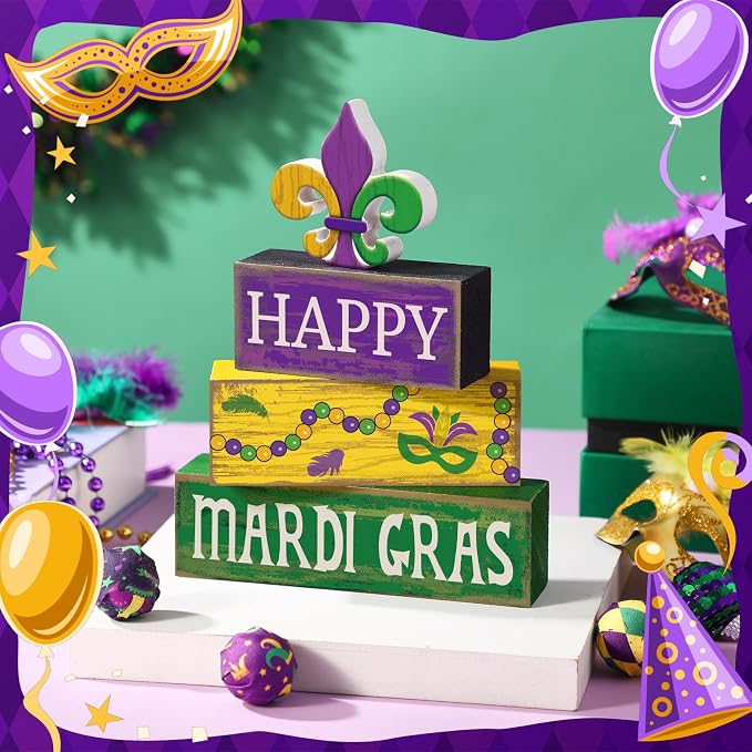 Moucuny 4 Pcs Mardi Gras Decorations Mardi Gras Wooden Sign Carnival Table - Image 6