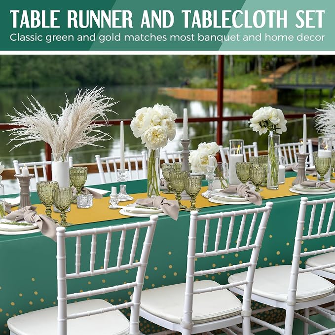 24 Pack Green and Gold Disposable Plastic Tablecloths and Satin Table Runner Set - Image 6