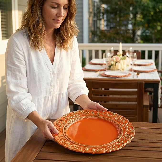 Orange Charger Plates with Gold Embossed Rim, 13 Inch Plastic Charger - Image 10