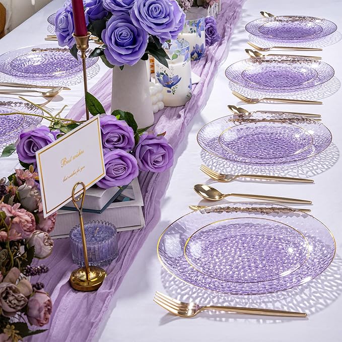 Rubtlamp 100Pcs Purple Gold Plastic Plates, Hammered Plastic plates Include 50 - Image 7