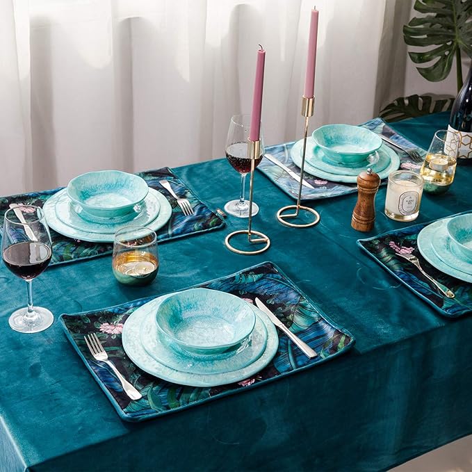 12 Pcs Melamine Dinnerware Sets, Durable Dishware Melamine Dinner Plates for Indoor and Outdoor, Aqua Plates and Bowls Sets, Dishwasher Safe Shatter Proof Chip Resistant Not Microware Not Oven(Green)