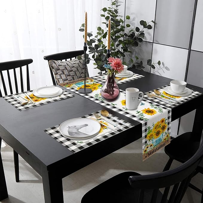 Table Runner and Placemats Set of 6, Sunflower Buffalo | Plaid Floral Flower - Image 8