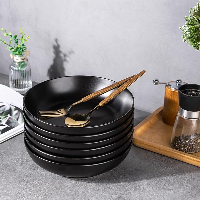AmorArc 8.5 Inch Stoneware Pasta Bowls of 6, 32oz Large Bowls Set | Matte Black - Image 8