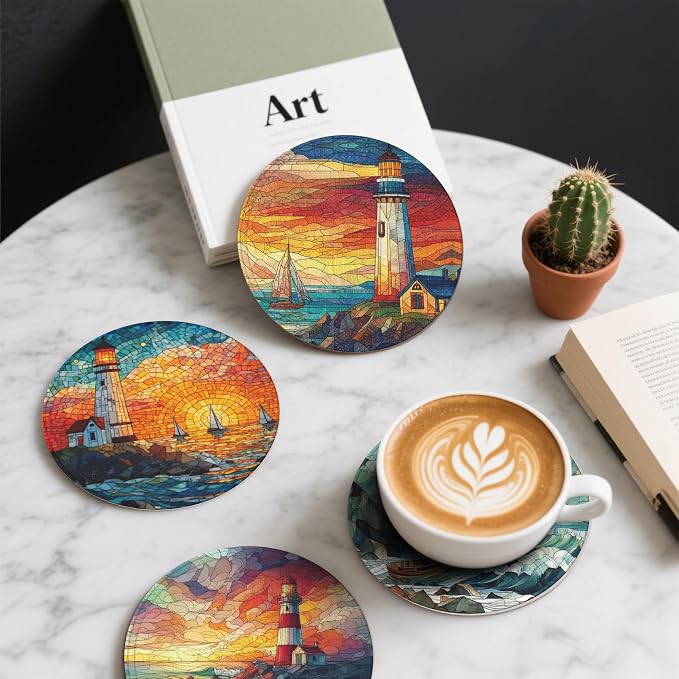 Lighthouse Coasters Leather Round Drink Coasters 6 Pcs Set - Image 6