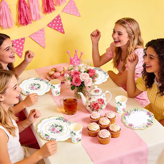 250 Pcs Floral Tea Themed Party Decorations, Serves 50 | Pink Floral Scalloped - Image 7