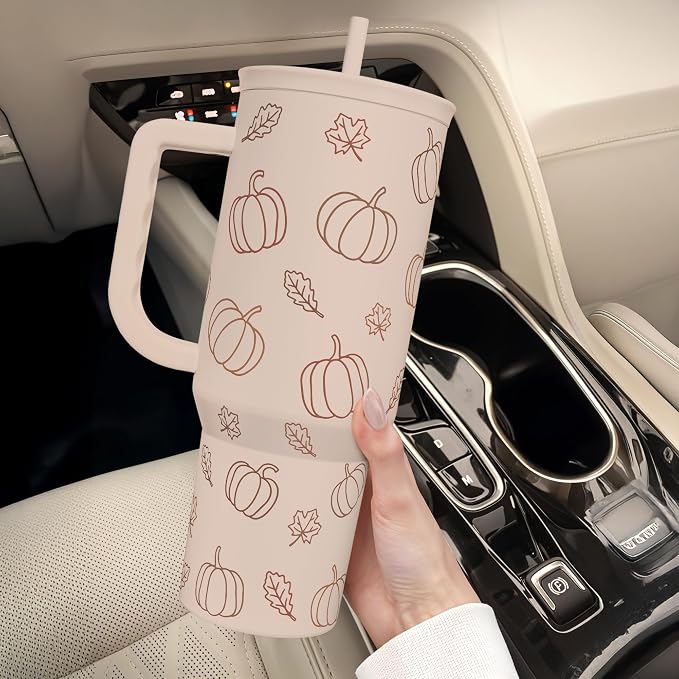 SANDJEST Pumpkin Tumbler with Handle and Straw 40oz – Stainless Sleel Slider - Image 8