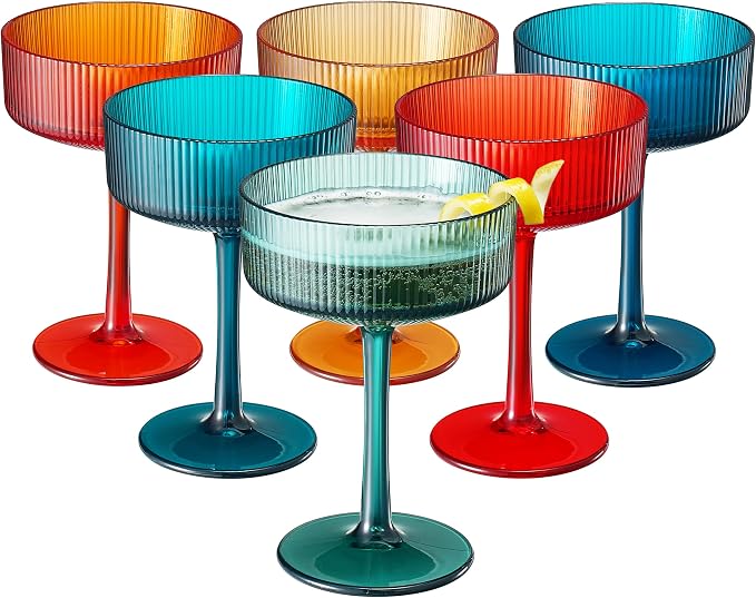 Khen Retro Acrylic Ribbed Glasses, 10oz Multicolor Shatterproof Stemware Coupe - Image 9