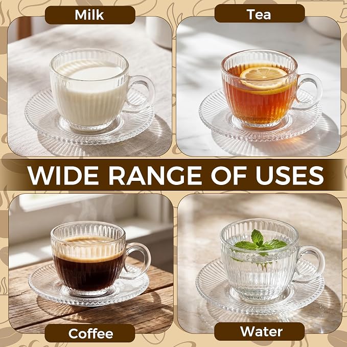 6 Sets of Glass Tea Cups with Saucers Vintage Coffee Mugs 2.8 oz Clear Espresso - Image 7