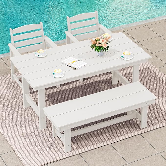 SERWALL Kitchen Table Set for 4,67" Extended Large Dining Table with 1 Bench and 2 Chairs, White