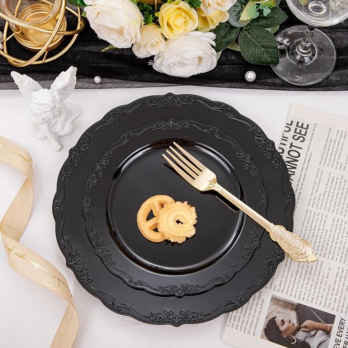 U-QE 100PCS Black Plastic Plates, Heavy Duty Black Plates Including 50PCS 10'' - Image 9