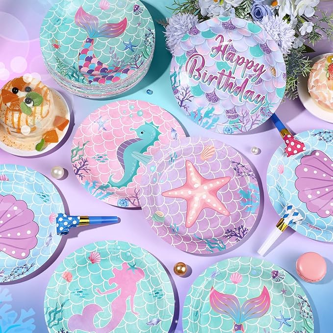 60 Pcs Mermaid Birthday Party Decor 7 Inch Mermaids Dessert Paper Plates Under the Sea Disposable Dinner Cake Plates Princess Shell Dinnerware for Ocean Baby Shower Party Supplies