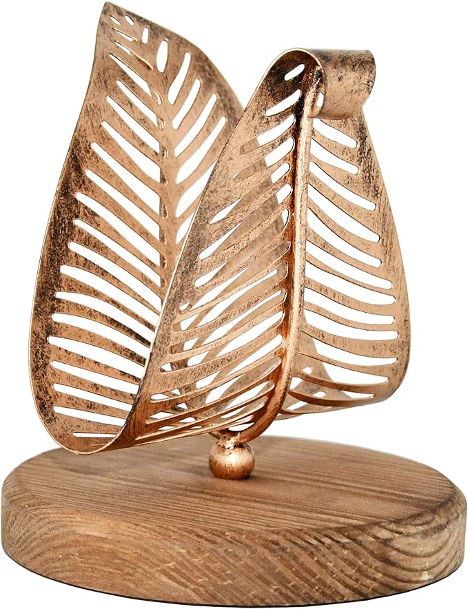 OwlGift Freestanding Modern Napkin Holder w/Bronze Metal Leaf & Brown Wooden - Image 9