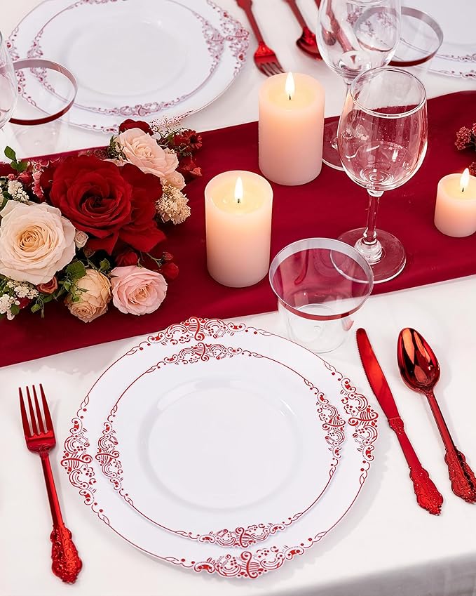 Nervure 100Pcs White Red Plastic Plates, Party Plates Set - Image 9