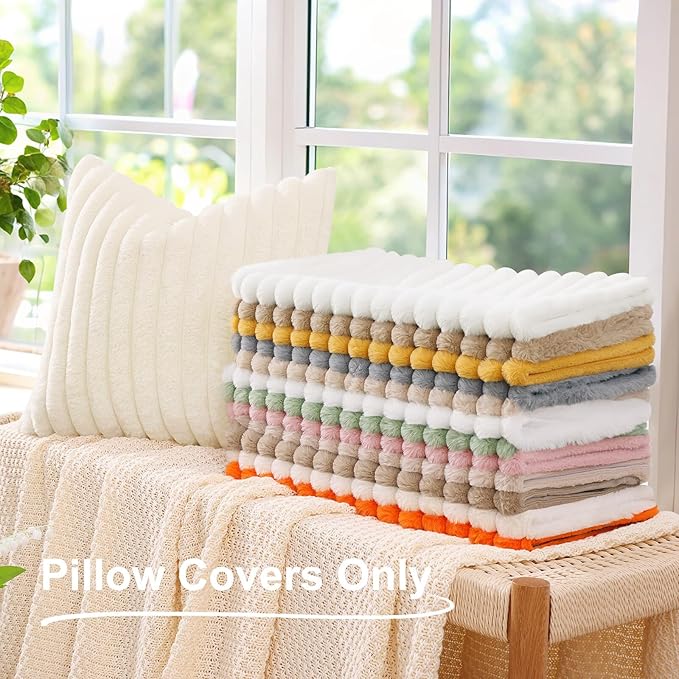 decorUhome Cozy Faux Fur Throw Pillow Covers 26x26 Set of 2 Decorative Soft Plush Striped Modern Farmhouse Boho Couch Euro Sham Pillow Cases with Velvet Back for Sofa Bed Living Room Valentines, Pink