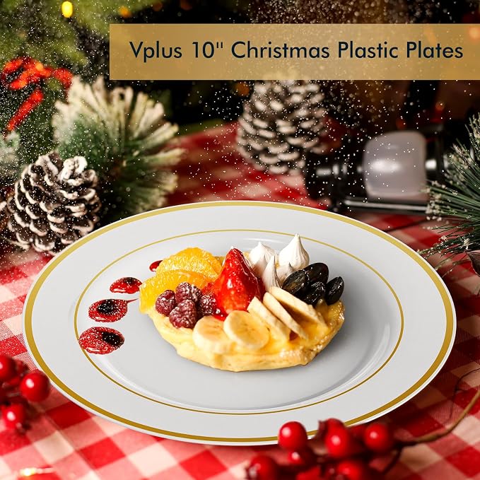 Vplus 100 Pack 10 in Gold Rimmed White Disposable Plastic Plates - Image 8