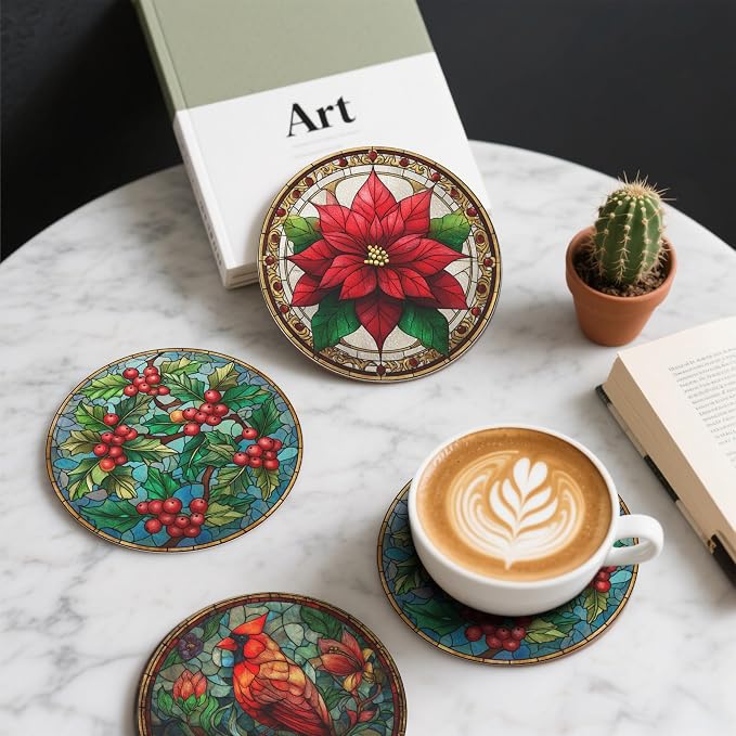 Christmas Bird Coasters Leather Round Drink Coasters 6 Pcs Set - Image 6