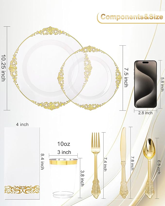 Nervure 350Pcs Clear Gold Plastic Plates, Dinnerware Sets - Image 9