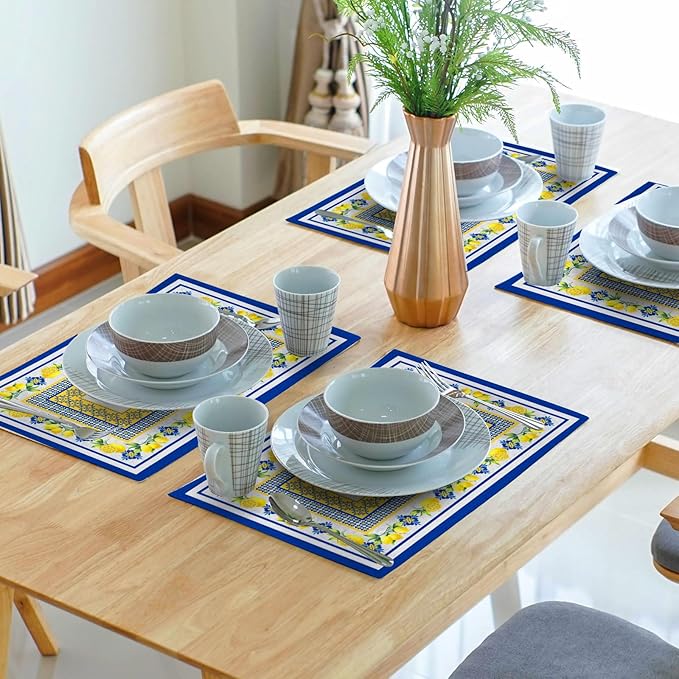 Lemon Summer Table Placemats for Dining 12 x 18 Inch Set of 4,Blue Yellow Boho Heat-Resistant Washable Table Non-Slip Rectangle Place Mat for Seasonal Party Kitchen Dining Table Decor