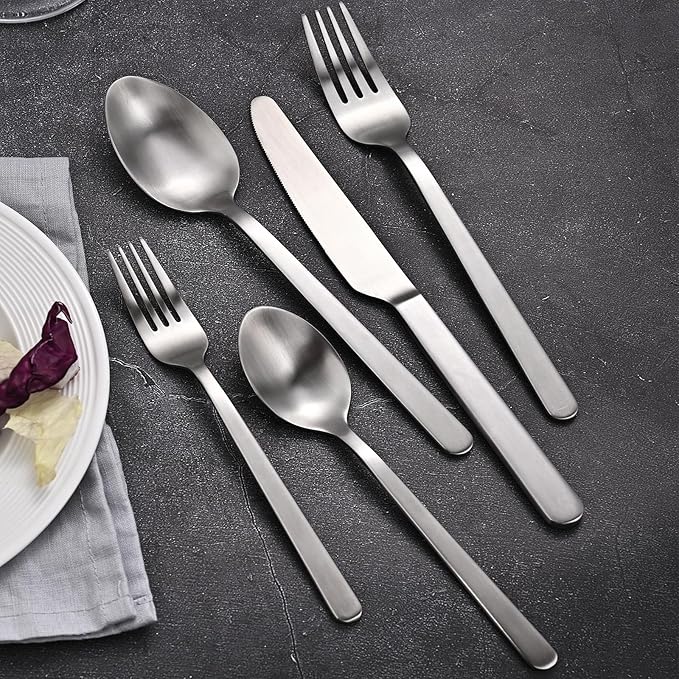 KINGSTONE Forged 30-Piece Silverware Set, Matte Flatware Set for 6, 18/10 Stainless Steel Silverware Utensils Set Dishwasher Safe (Matte Silver)