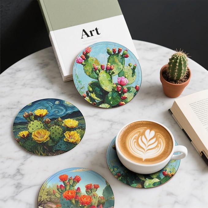 Cactus Coasters Leather Round Drink Coasters 6 Pcs Set - Image 6