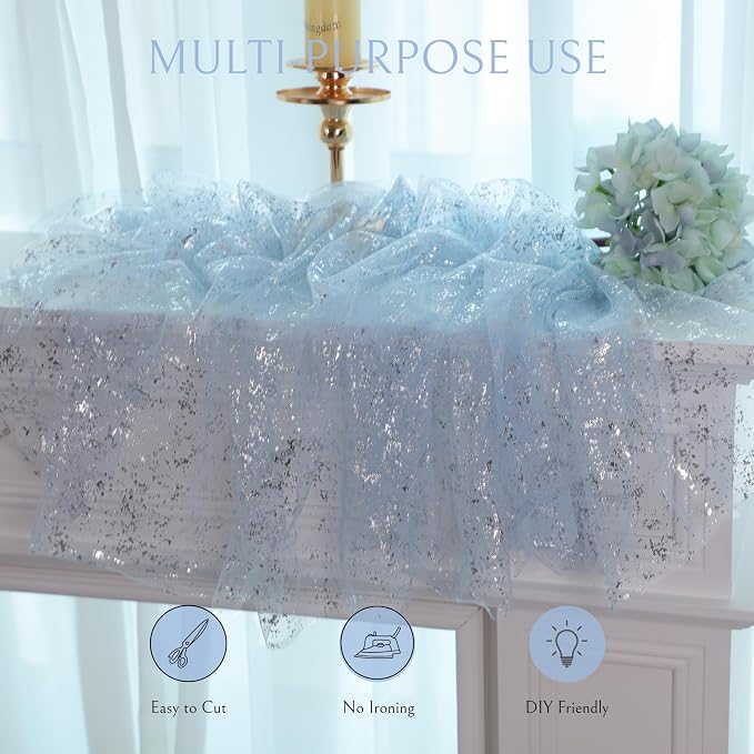Snowkingdom Light Blue Silver Gauze Table Runner 10ft 120 inch Glitter Sheer - Image 6