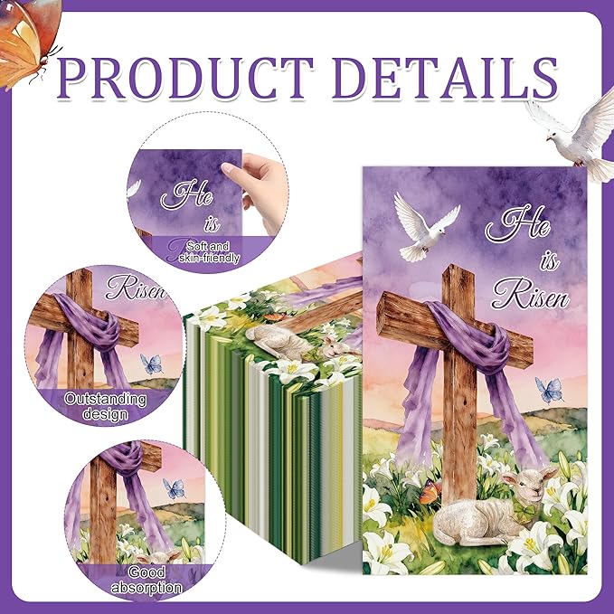 Purple Easter Paper Napkins - 100 Pcs He is Risen Happy Dinner Disposable Party Decorations Sets Bulk Cross Religious Decorative Guest Supplies Decor Hand Towels for Bathroom Home 7.9 x 4.3 In