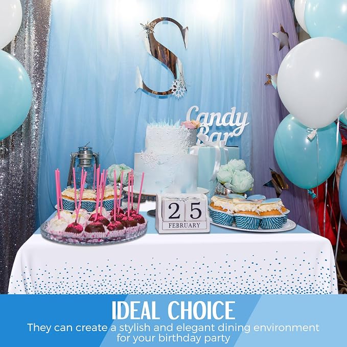 8 Pack Winter Baby Blue and White Disposable Plastic Tablecloths and Satin - Image 7