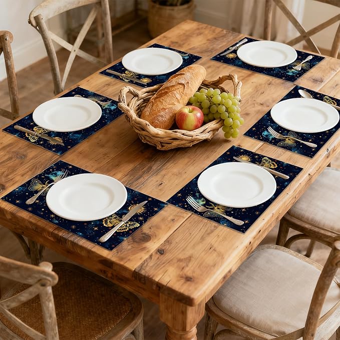 Watercolor Butterfly Starry Sky 12x18 Inch Placemats Set of 6 - Waterproof, Non-Slip & Washable Table Mats for Kitchen & Dining Table Placemats