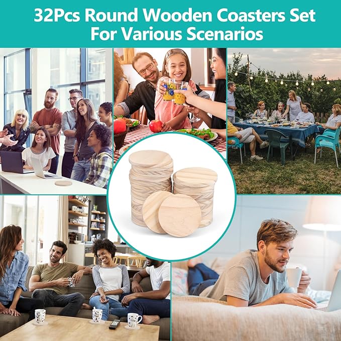 Adrattnay 32Pcs Unfinished Wood Coasters, 9mm Blank Wood Coasters Bulk - Image 7