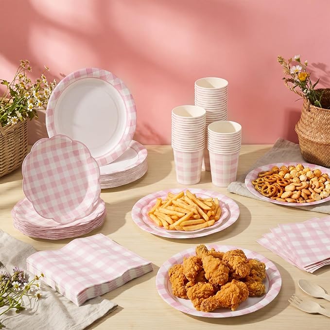 Funnymoom 250 Pcs Pink Gingham Paper Plates and Napkins Party Supplies Pink - Image 6