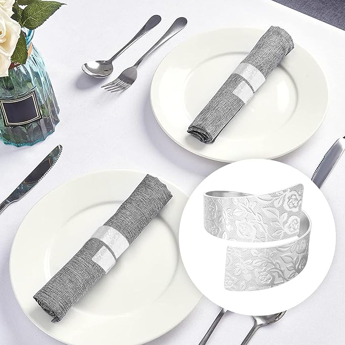 Napkin Rings Set of 12, Irregular-Shaped Metal Napkin Holders with Rose Patterns for Wedding Dining, Holiday Table Decor, Perfect for Home Chefs & Party Planners(Silver)