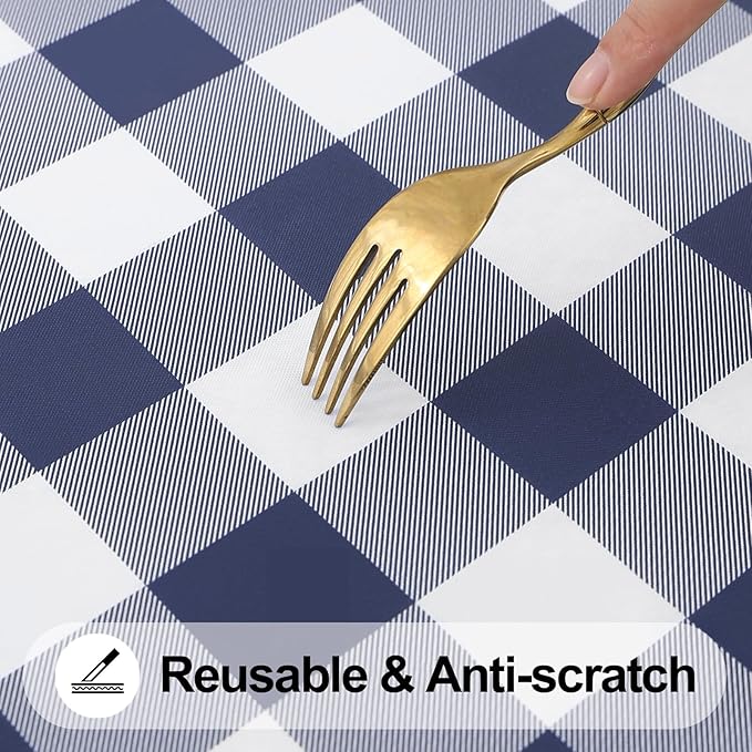 Smiry Square Picnic Table Cloth, Elastic Waterproof Fitted Vinyl Tablecloths, Flannel Backed Buffalo Plaid Table Covers for Dining, Camping, Outdoor (White and Navy, 36" x 36")