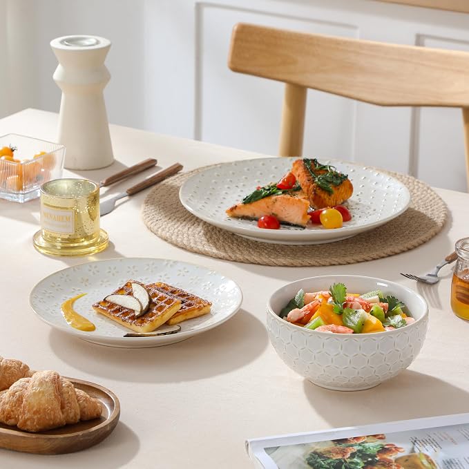 MALACASA 12 Pieces Dinnerware Sets, Farmhouse Plates and Bowls Sets, Embossed - Image 9