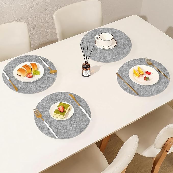 Homaxy Round Faux Leather Placemats and Coasters, Light Grey | Washable - Image 9
