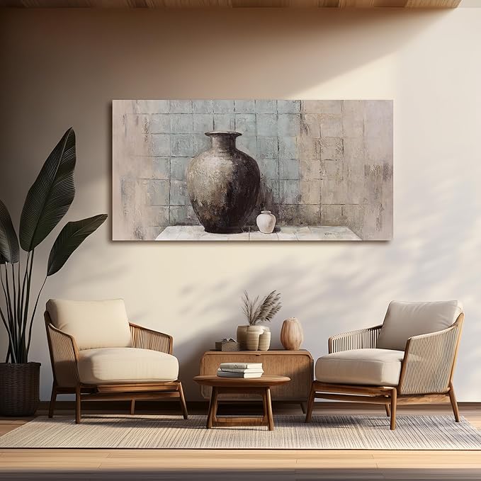 Abstract Wall Art Vintage Vase Still Life Textured Oil Painting Style Canvas Painting Framed Blue Gray Brown Wall Decor Rustic Artwork,Suitable for Decorating Living Rooms, Bedrooms, Dining Rooms, and Home Offices 20"X40"